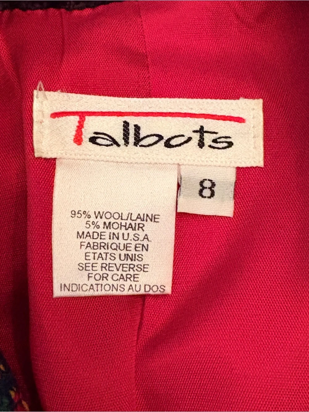Vintage Talbots Red Plaid Tartan Wool Blazer Jacket Size 8 Black Velvet Collar